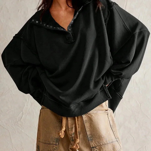 Tops - Black Casual Women's Split Lantern Sleeve Polo Collar Sweatshirt